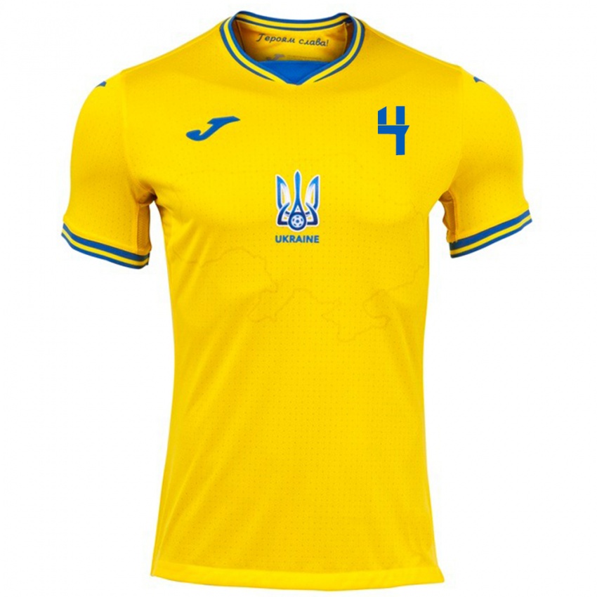 Criança Camisola Ucrânia Maksym Dyachuk #4 Amarelo Principal 24-26 Camisa