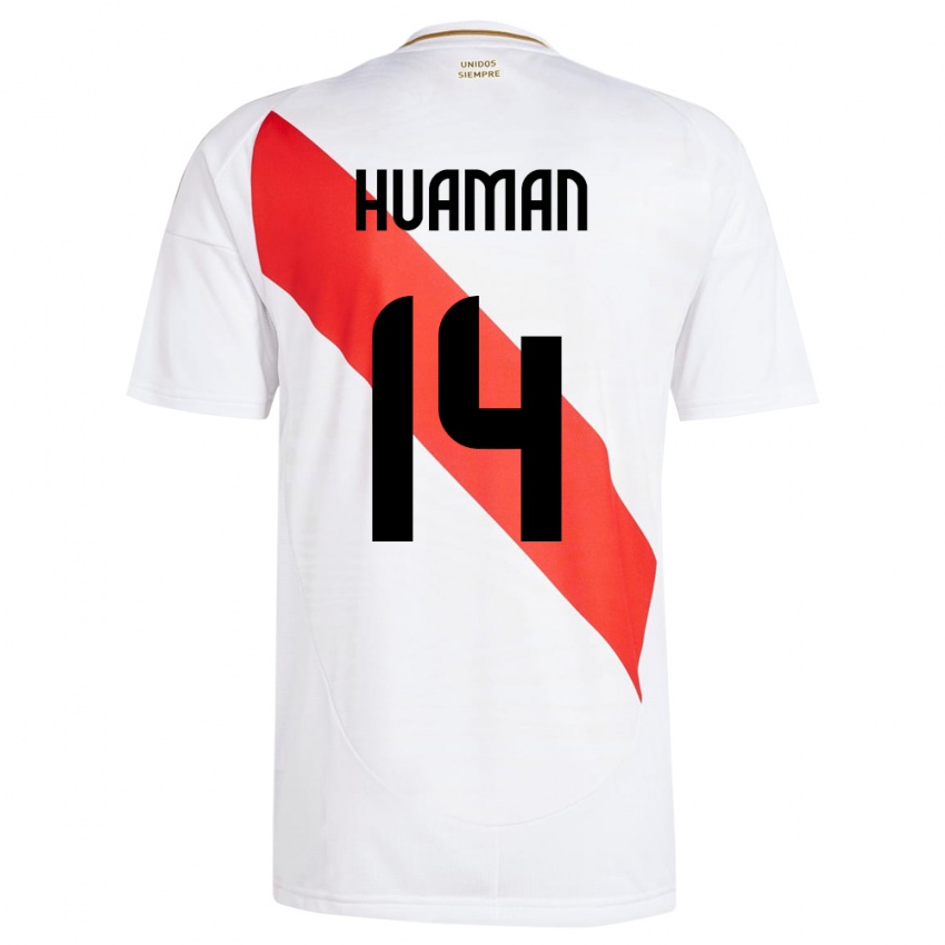 Criança Camisola Peru Marco Huamán #14 Branco Principal 24-26 Camisa