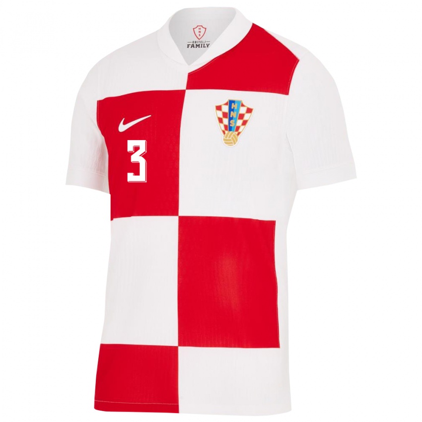 Homem Camisola Croácia David Colina #3 Branco Vermelho Principal 24-26 Camisa