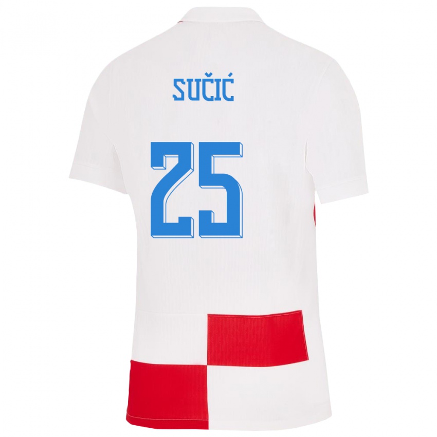 Homem Camisola Croácia Luka Sucic #25 Branco Vermelho Principal 24-26 Camisa