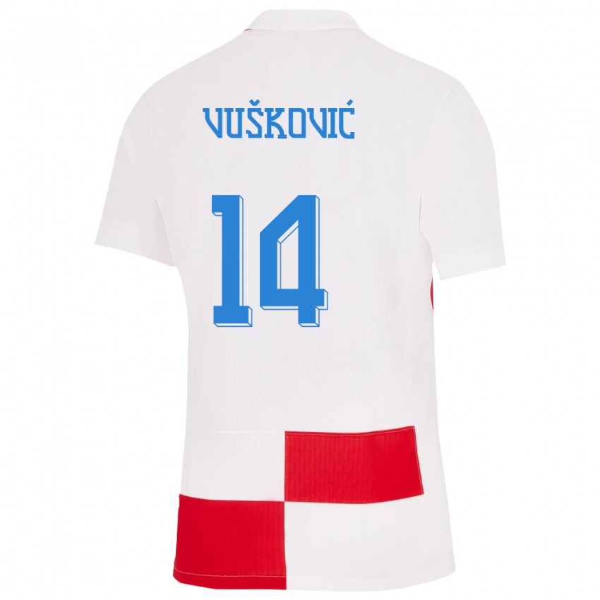 Homem Camisola Croácia Mario Vuskovic #14 Branco Vermelho Principal 24-26 Camisa