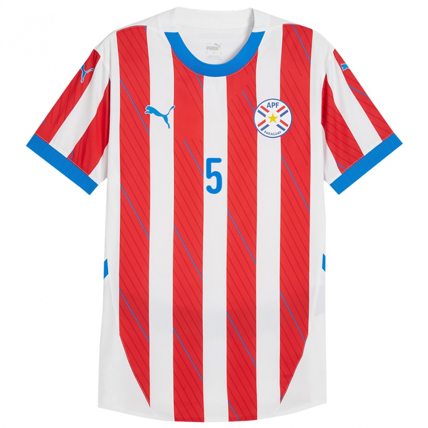 Homem Camisola Paraguai Fabián Balbuena #5 Branco Vermelho Principal 24-26 Camisa