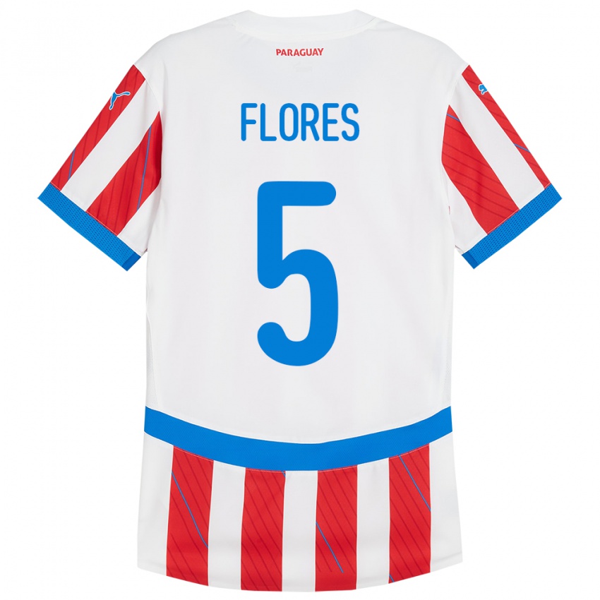 Homem Camisola Paraguai Gilberto Flores #5 Branco Vermelho Principal 24-26 Camisa