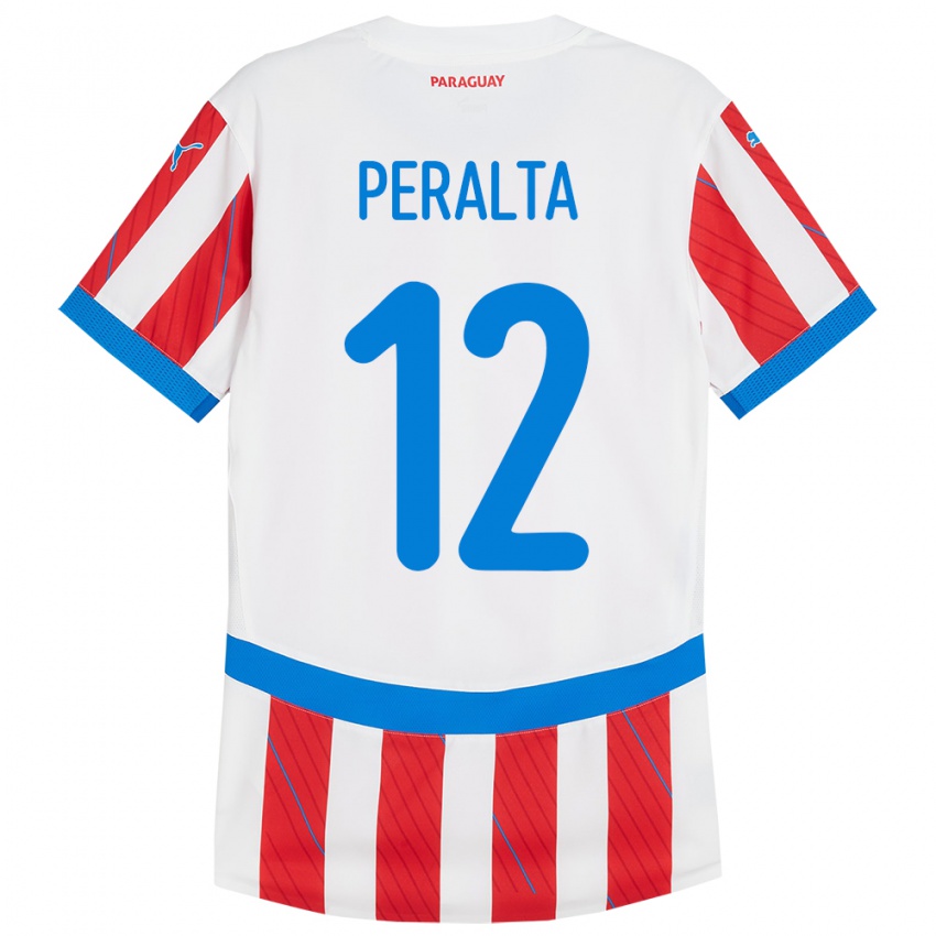 Homem Camisola Paraguai Jesús Peralta #12 Branco Vermelho Principal 24-26 Camisa