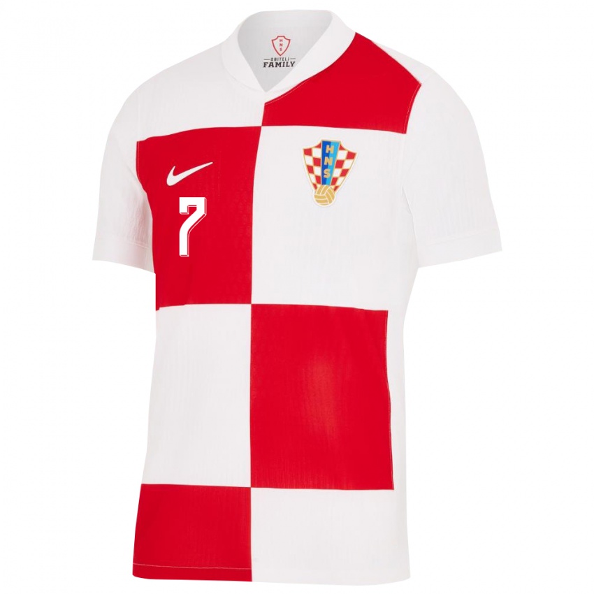 Mulher Camisola Croácia Lovro Majer #7 Branco Vermelho Principal 24-26 Camisa