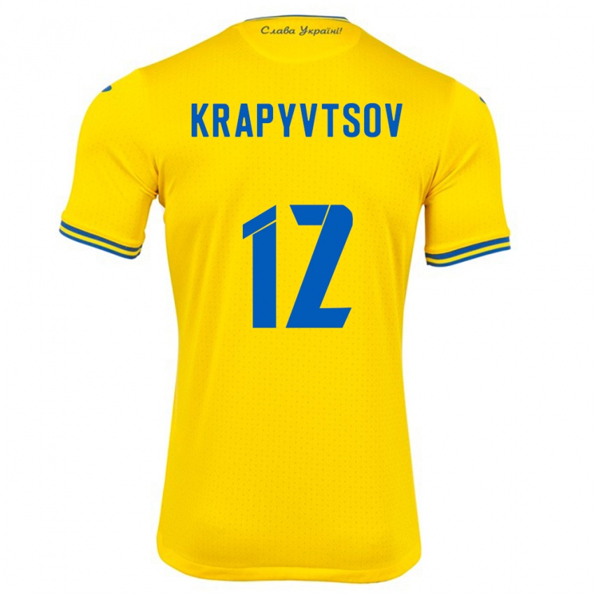 Mulher Camisola Ucrânia Vladyslav Krapyvtsov #12 Amarelo Principal 24-26 Camisa