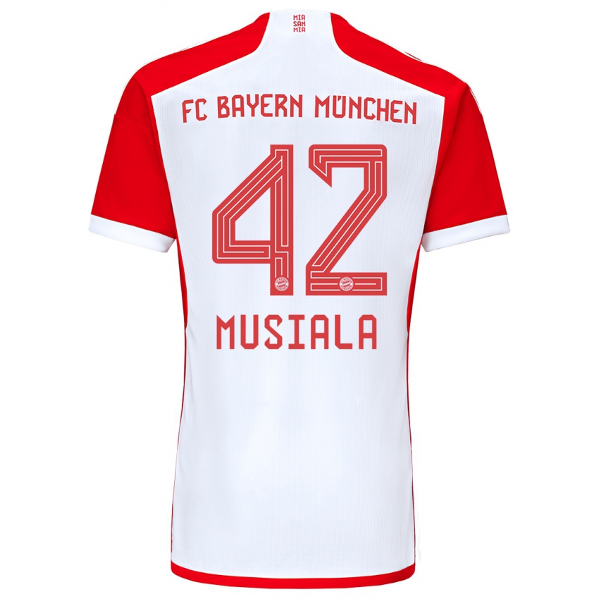 Homem Camisola Jamal Musiala #42 Vermelho Branco Principal 2023/24 Camisa