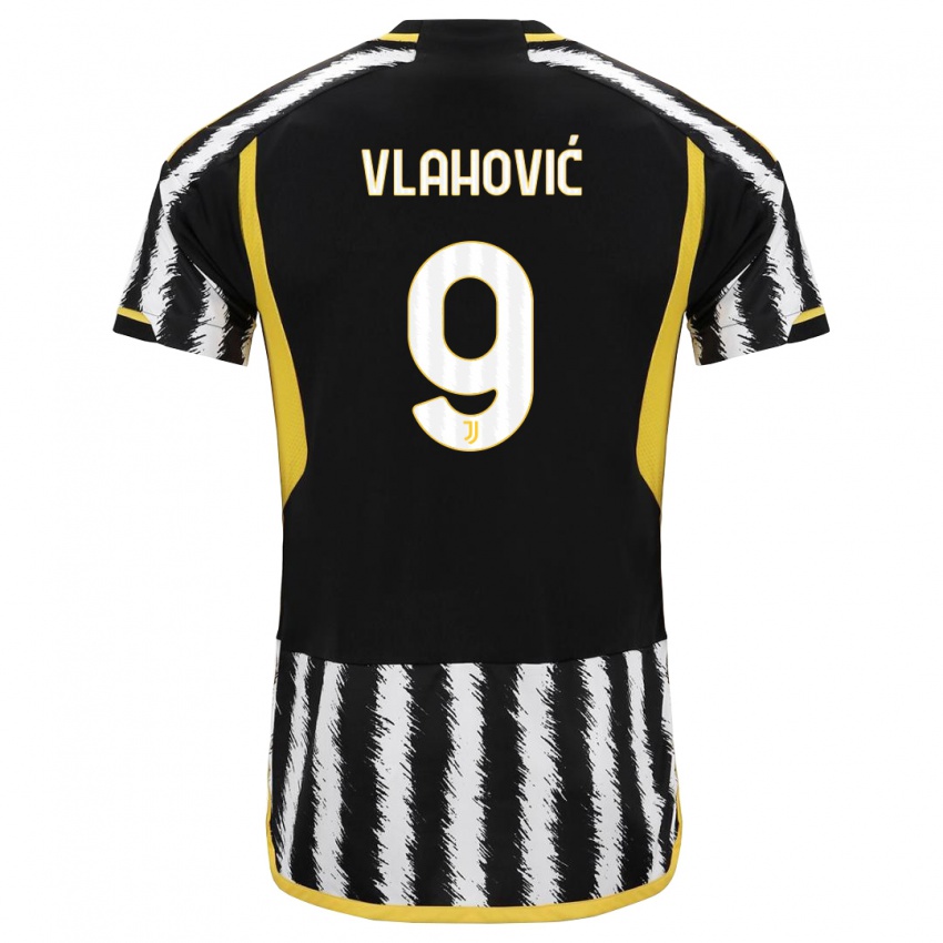 Homem Camisola Dusan Vlahovic #9 Preto Branco Principal 2023/24 Camisa