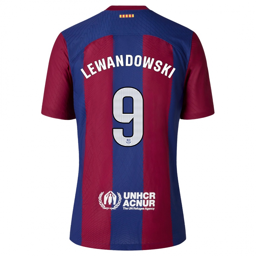 Mulher Camisola Robert Lewandowski #9 Vermelho Azul Principal 2023/24 Camisa