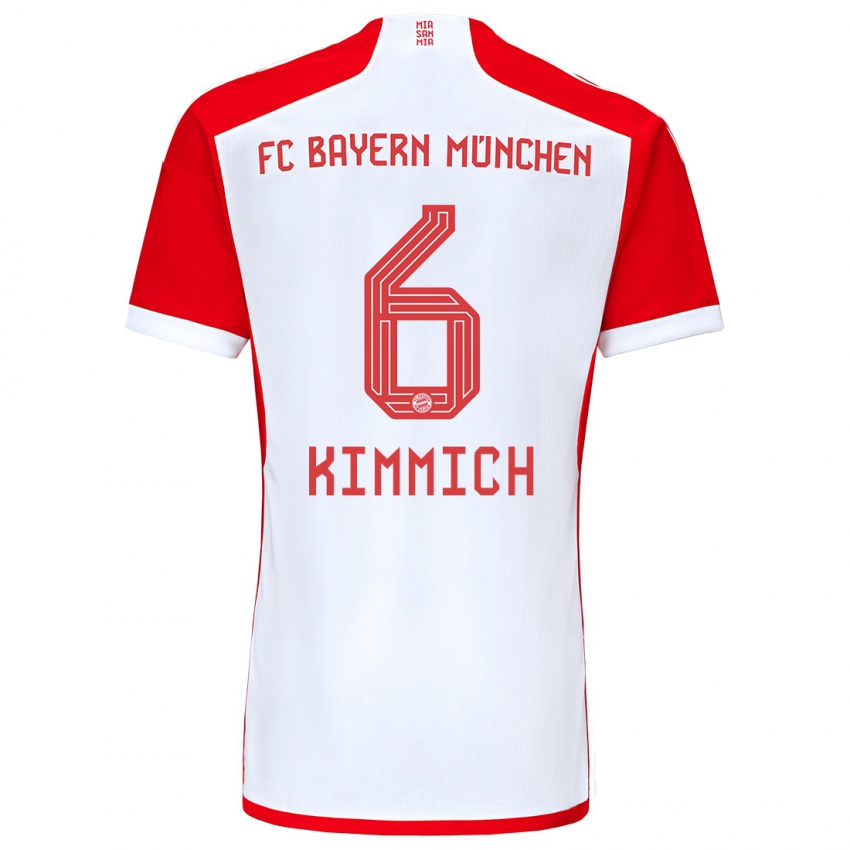 Mulher Camisola Joshua Kimmich #6 Vermelho Branco Principal 2023/24 Camisa