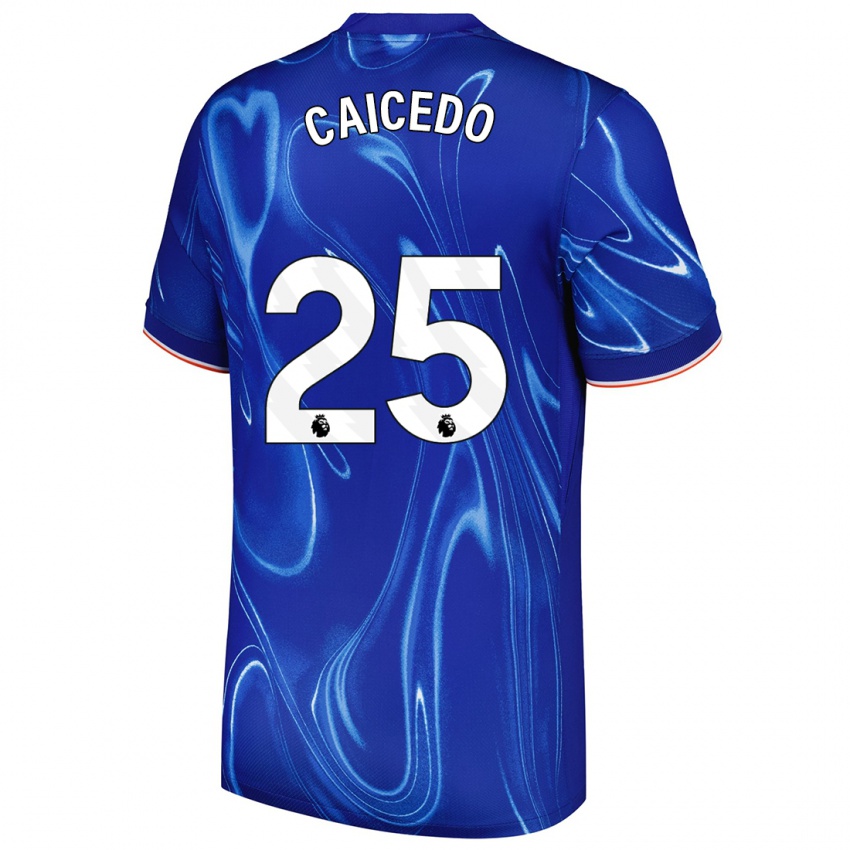 Criança Camisola Moisés Caicedo #25 Branco Azul Principal 2024/25 Camisa