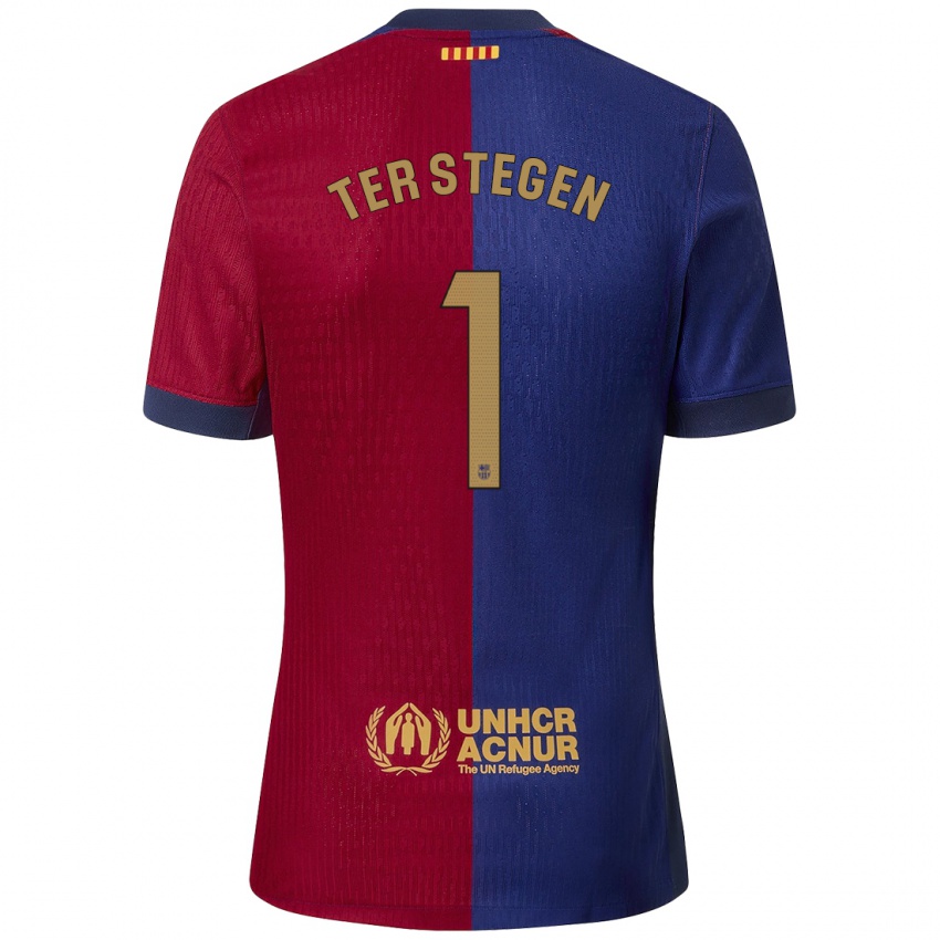 Criança Camisola Marc-Andre Ter Stegen #1 Azul Vermelho Principal 2024/25 Camisa