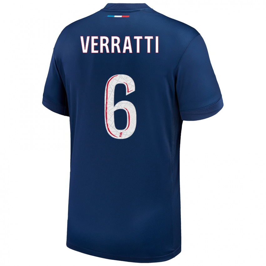 Homem Camisola Marco Verratti #6 Azul Marinho Branco Principal 2024/25 Camisa