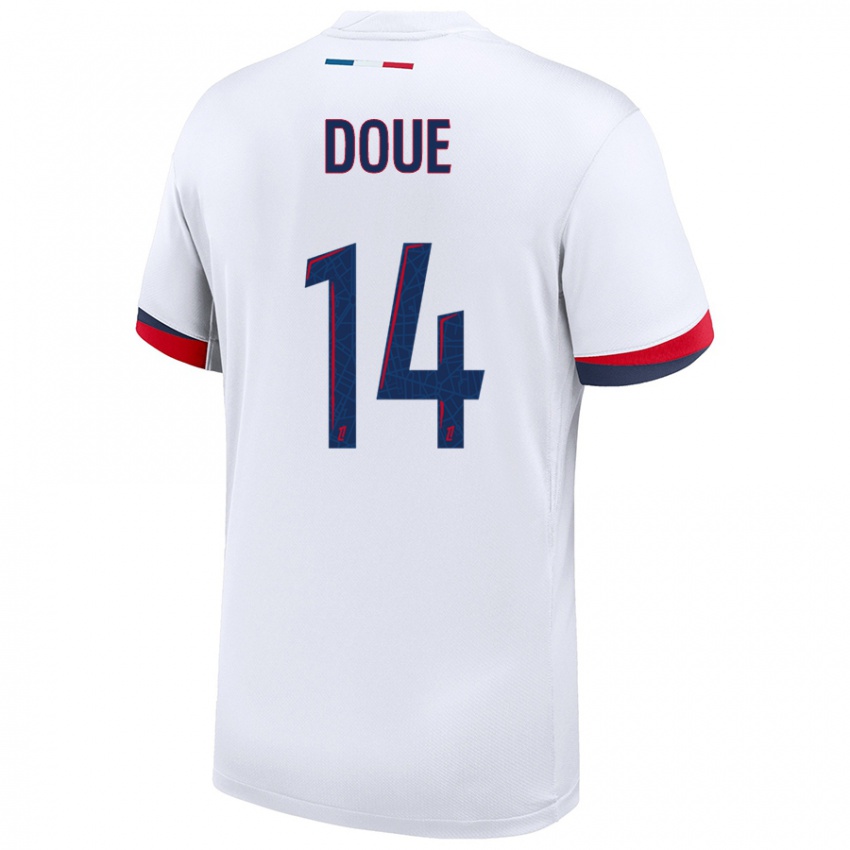 Homem Camisola Désiré Doué #14 Azul Branco Vermelho Alternativa 2024/25 Camisa