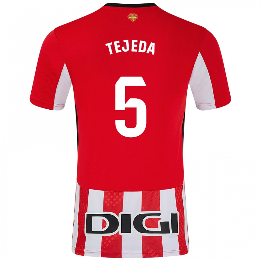 Criança Camisola Diego Tejeda #5 Branco Vermelho Principal 2024/25 Camisa