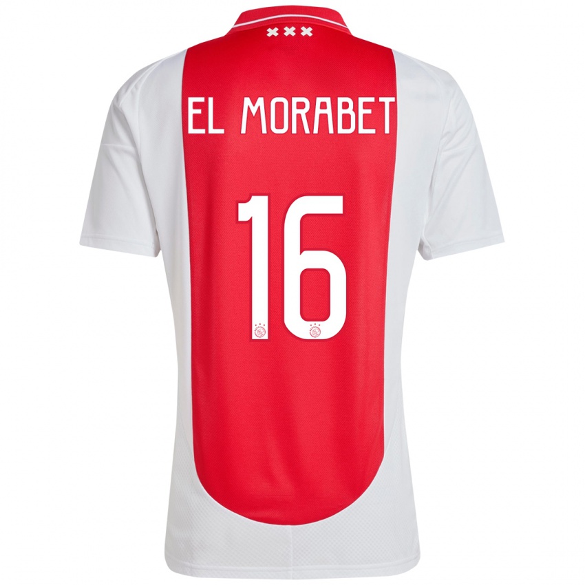 Homem Camisola Younes El Morabet #16 Branco Vermelho Principal 2024/25 Camisa