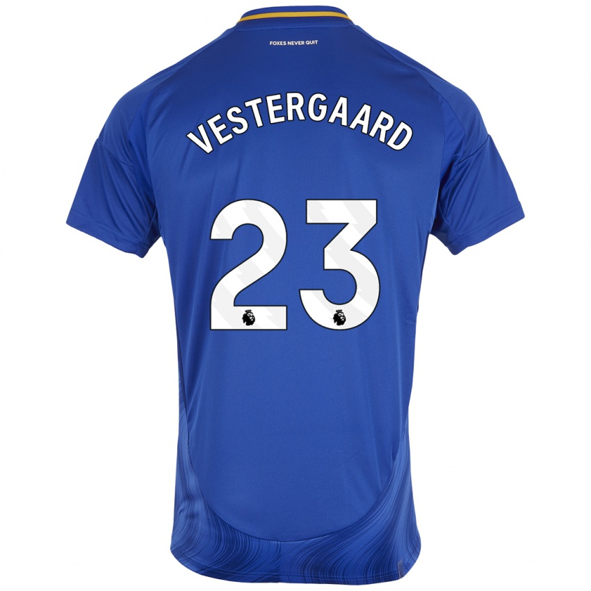 Homem Camisola Jannik Vestergaard #23 Azul Branco Principal 2024/25 Camisa