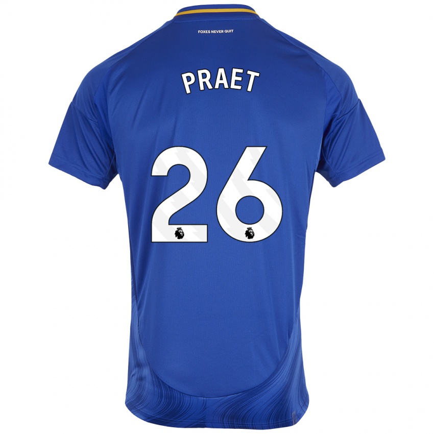 Homem Camisola Dennis Praet #26 Azul Branco Principal 2024/25 Camisa