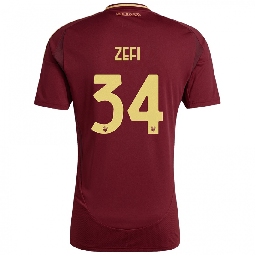 Criança Camisola Kevin Zefi #34 Ouro Castanho Vermelho Principal 2024/25 Camisa