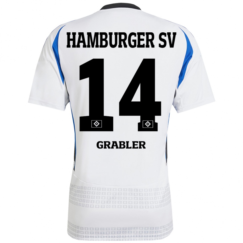 Criança Camisola Lukne Gräßler #14 Azul Branco Principal 2024/25 Camisa