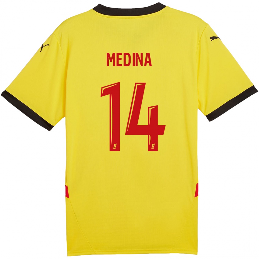 Criança Camisola Facundo Medina #14 Vermelho Amarelo Principal 2024/25 Camisa