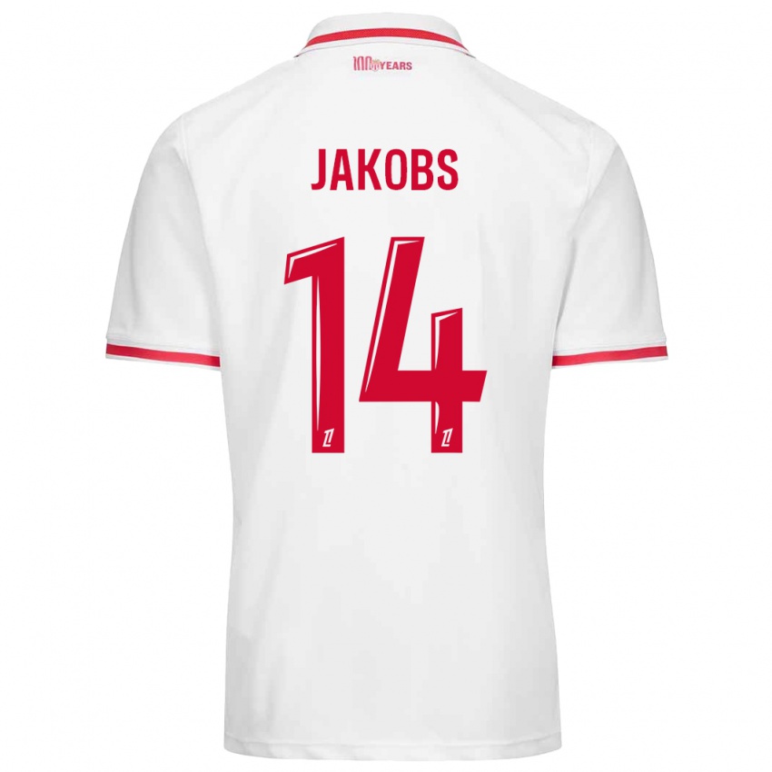 Homem Camisola Ismail Jakobs #14 Vermelho Branco Principal 2024/25 Camisa