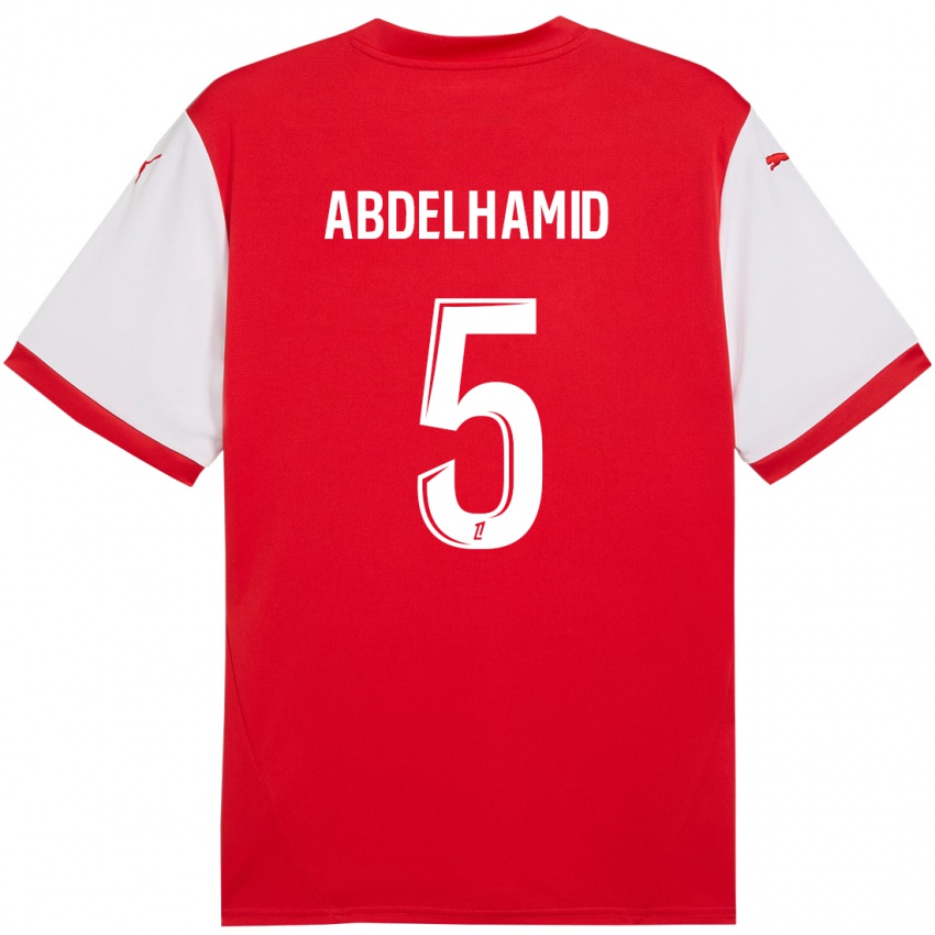 Homem Camisola Yunis Abdelhamid #5 Branco Vermelho Principal 2024/25 Camisa