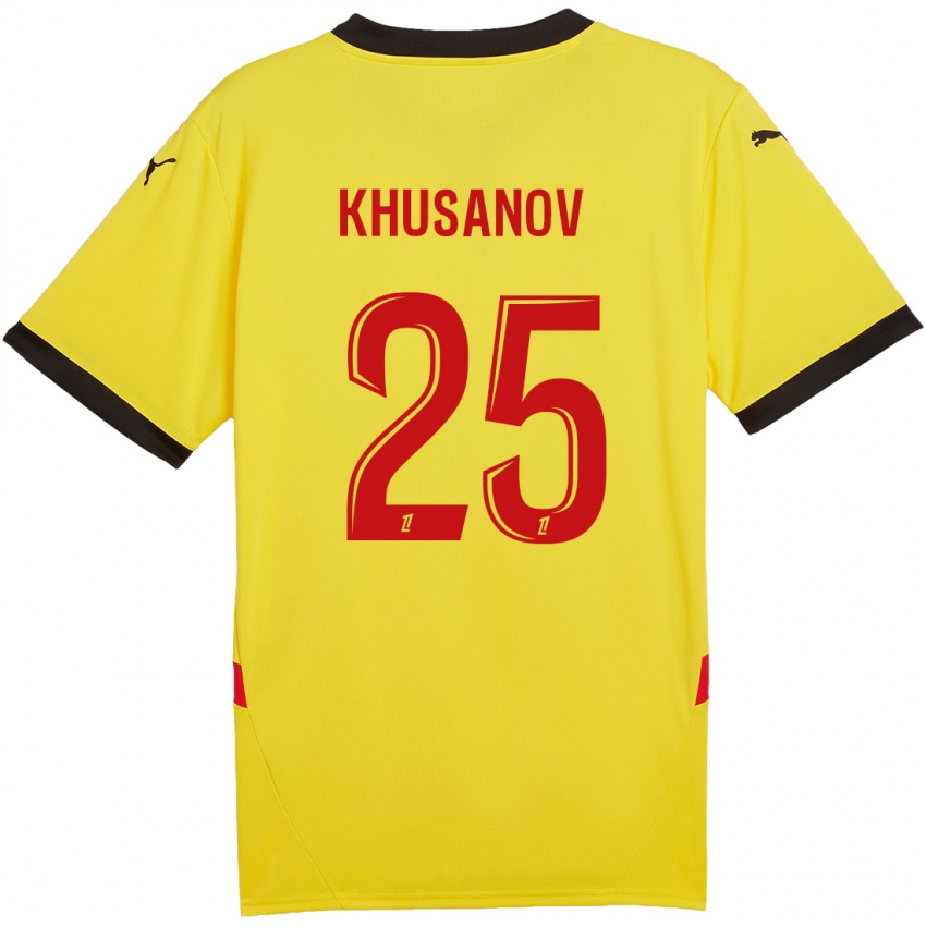 Mulher Camisola Abdukodir Khusanov #25 Vermelho Amarelo Principal 2024/25 Camisa