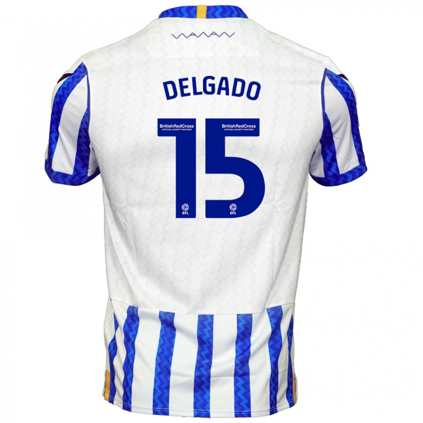 Criança Camisola Juan Delgado #15 Branco Azul Principal 2024/25 Camisa