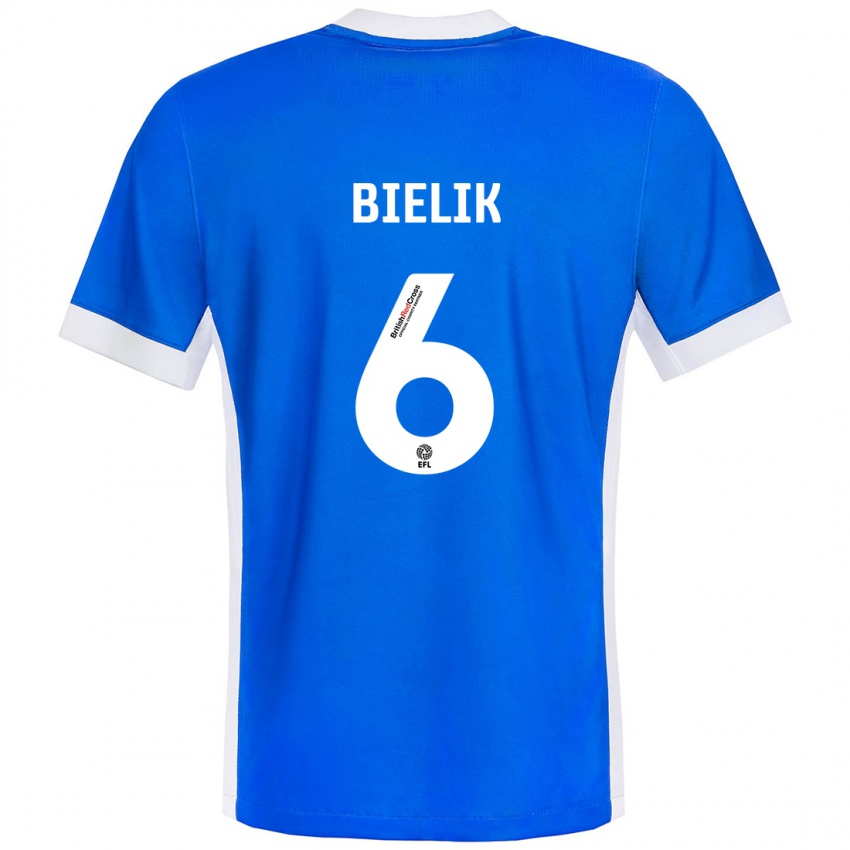 Criança Camisola Krystian Bielik #6 Branco Azul Principal 2024/25 Camisa