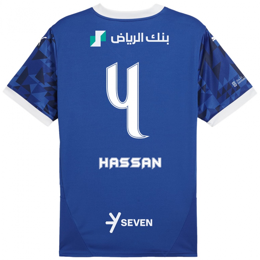 Homem Camisola Eman Hassan #4 Azul Escuro Branco Principal 2024/25 Camisa