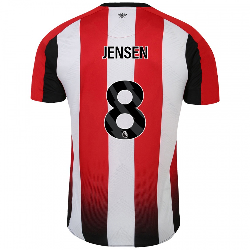 Homem Camisola Mathias Jensen #8 Vermelho Branco Principal 2024/25 Camisa